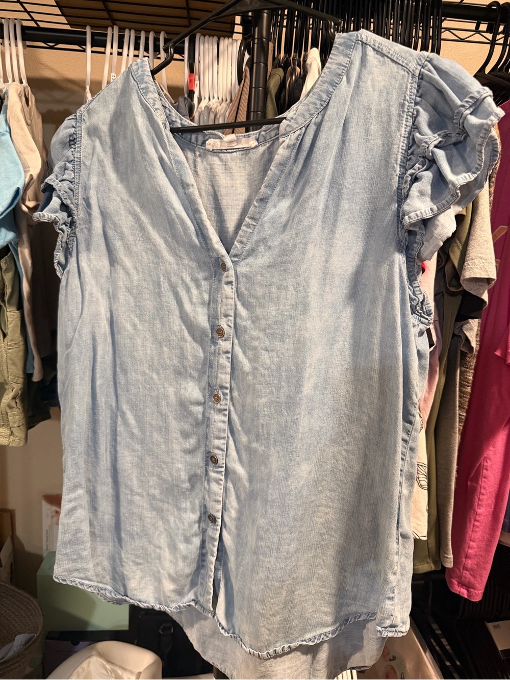 Light Blue Ruffle Sleeve Button-Front Women's Top